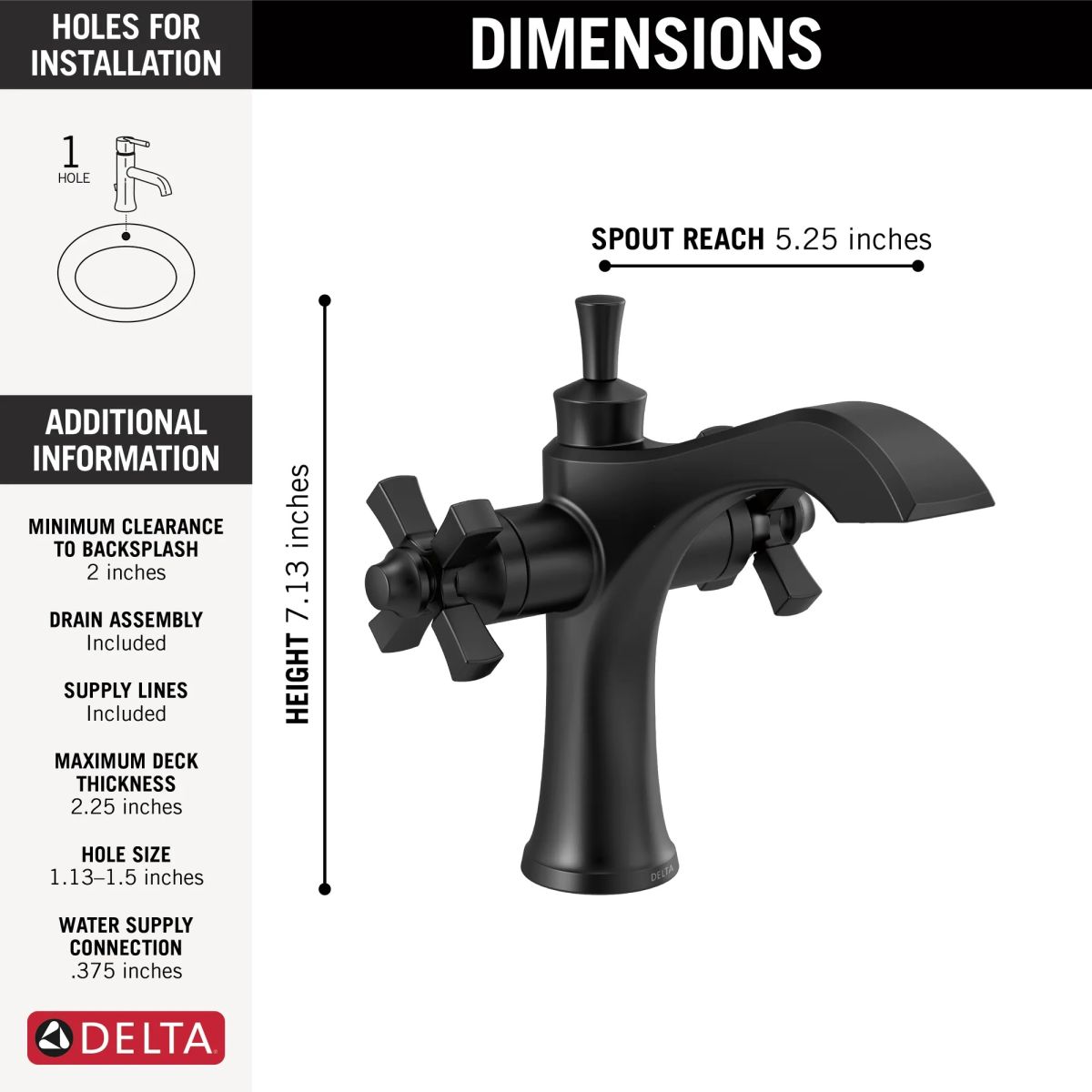 DELTA Dorval Two Handle Single Hole Monoblock Bathroom Faucet — Matte Black