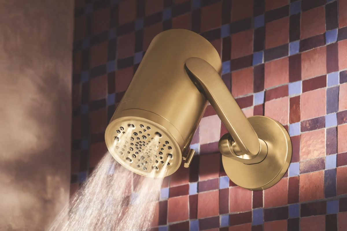 BRIZO Roccesco Multi-Function Sconce Wall Mount Shower Head with Jointed Shower Arm and Flange - 2.5 GPM — Luxe Gold