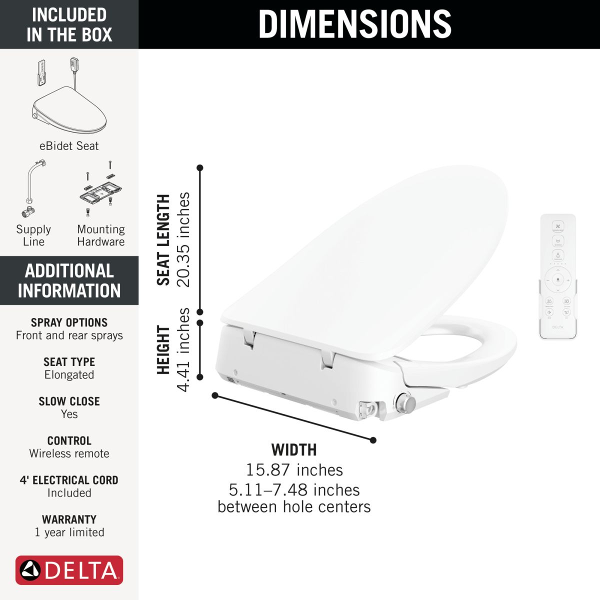 DELTA Refresh Premium Elongated Electric Bidet Toilet Seat — White
