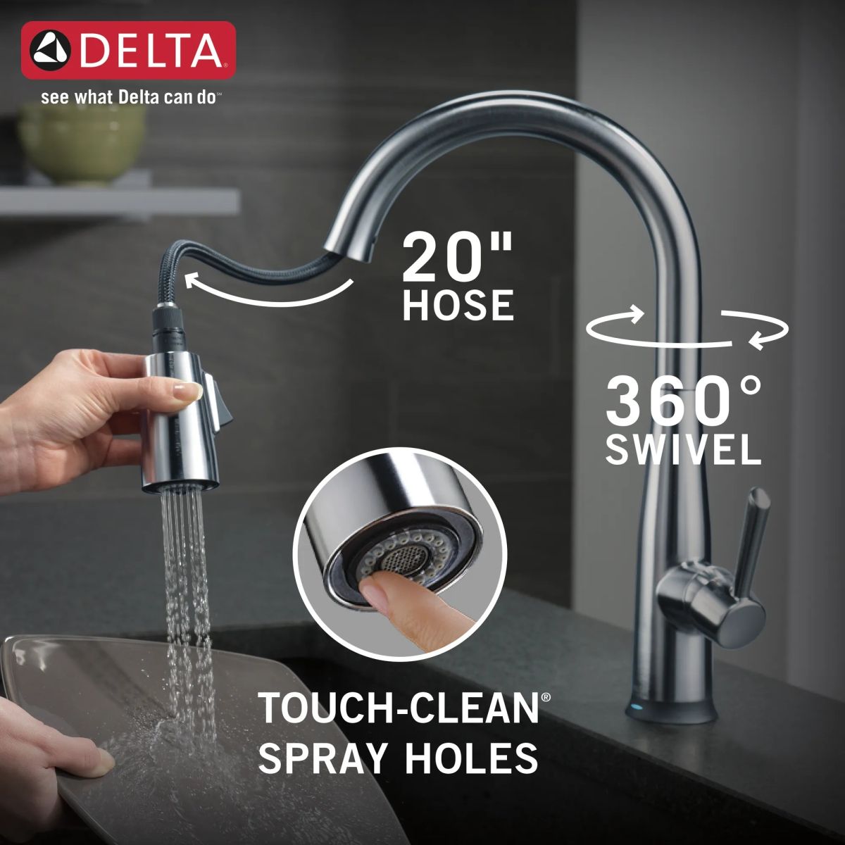 DELTA Essa VoiceIQ Single Handle Pull-Down Faucet with Touch2O Technology — Arctic Stainless