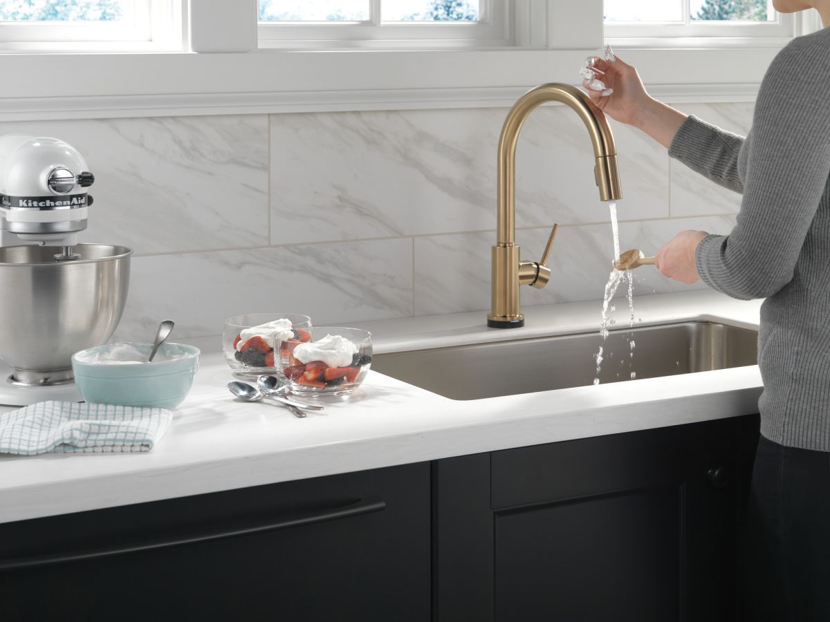 DELTA Trinsic Single Handle Pull-Down Kitchen Faucet with Touch2O Technology — Champagne Bronze