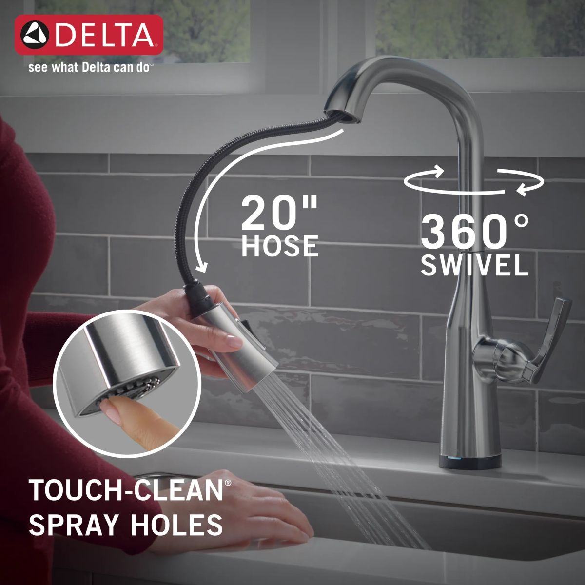 DELTA Stryke Single Handle Pull-Down Kitchen Faucet with Touch2O Technology — Lumicoat® Arctic Stainless