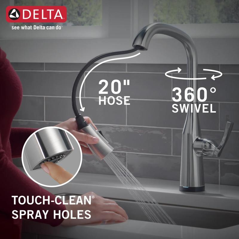 DELTA Stryke Single Handle Pull-Down Kitchen Faucet with Touch2O Technology — Lumicoat® Arctic Stainless