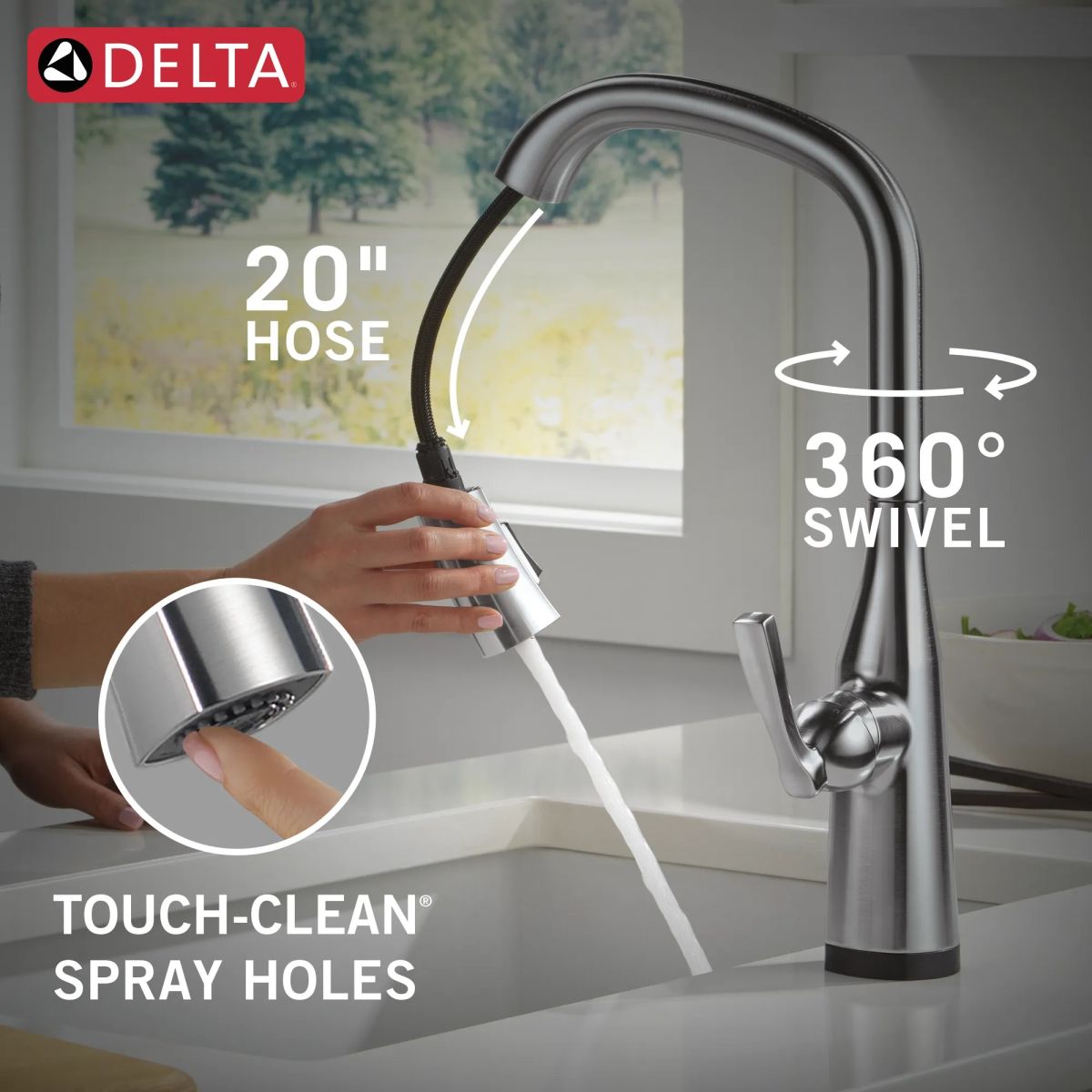 DELTA Stryke VoiceIQ Single Handle Pull-Down Faucet with Touch2O Technology — Lumicoat® Arctic Stainless