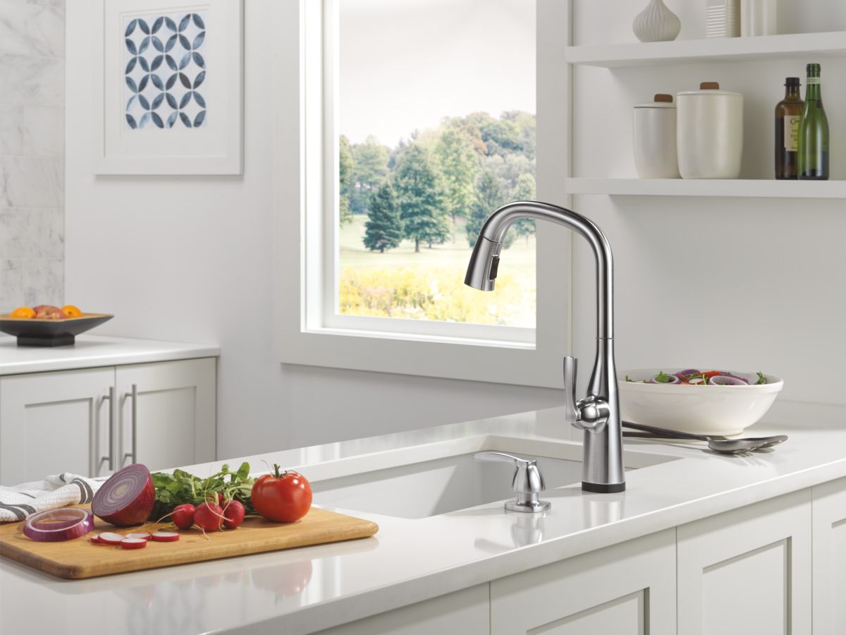 DELTA Stryke VoiceIQ Single Handle Pull-Down Faucet with Touch2O Technology — Lumicoat® Arctic Stainless