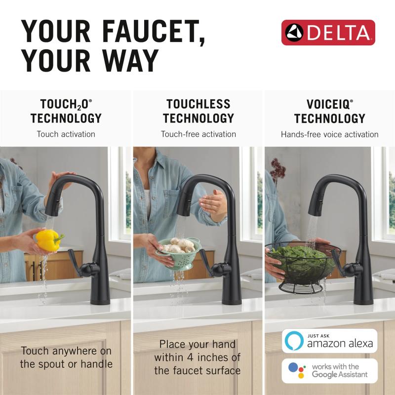 DELTA Stryke VoiceIQ Single Handle Pull-Down Faucet with Touch2O Technology — Matte Black