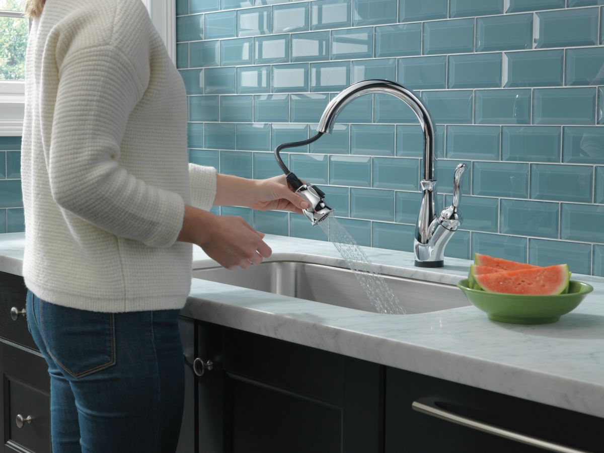 DELTA Leland Single Handle Pull-Down Kitchen Faucet with Touch2O and ShieldSpray Technologies — Chrome