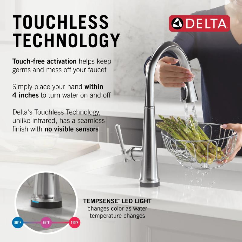 DELTA Emmeline Touch2O Technology Kitchen Faucet with Touchless Technology — Lumicoat® Arctic Stainless