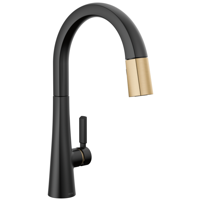 DELTA Monrovia Single Handle Pull-Down Kitchen Faucet — Matte Black / Champagne Bronze