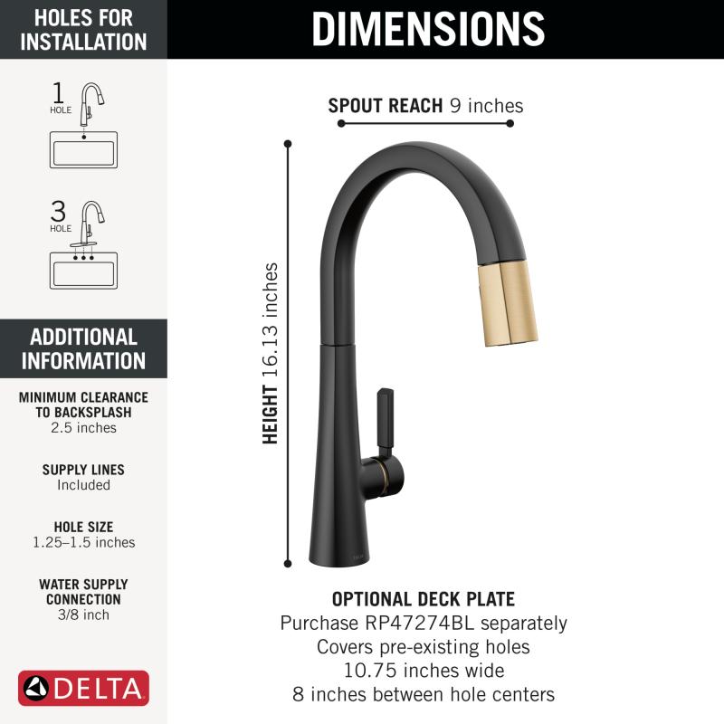 DELTA Monrovia Single Handle Pull-Down Kitchen Faucet — Matte Black / Champagne Bronze
