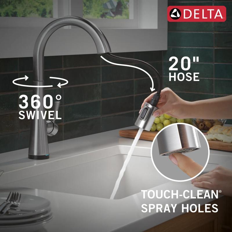 DELTA Monrovia Touch2O Technology Kitchen Faucet with Touchless Technology — Lumicoat® Arctic Stainless