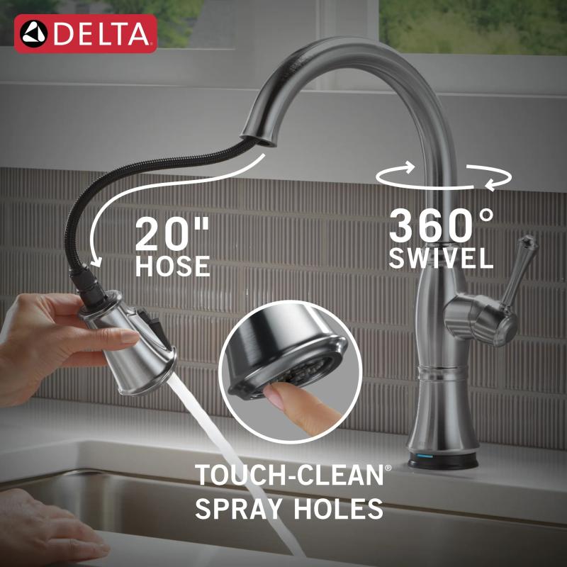 DELTA Cassidy Touch2O Technology Kitchen Faucet with Touchless Technology — Lumicoat® Arctic Stainless