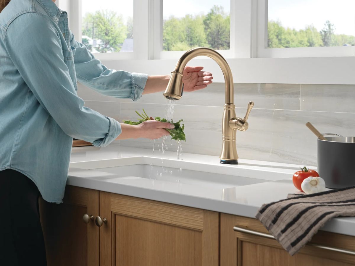DELTA Cassidy Touch2O Technology Kitchen Faucet with Touchless Technology — Lumicoat® Champagne Bronze