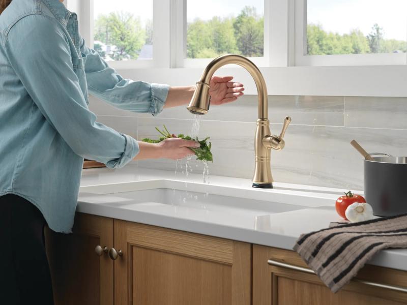 DELTA Cassidy Touch2O Technology Kitchen Faucet with Touchless Technology — Lumicoat® Champagne Bronze