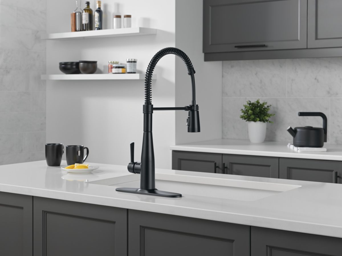 DELTA Essa Single-Handle Pull-Down Spring Kitchen Faucet — Matte Black