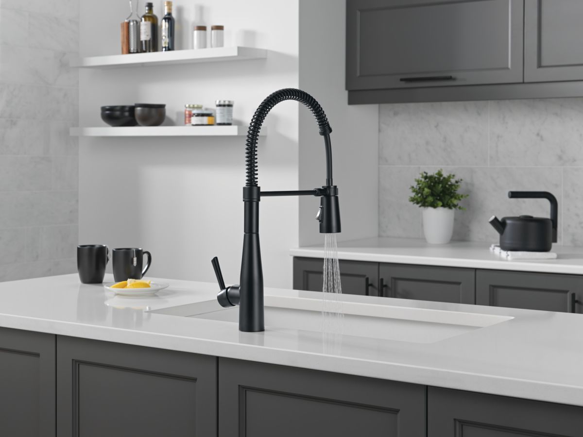 DELTA Essa Single-Handle Pull-Down Spring Kitchen Faucet — Matte Black