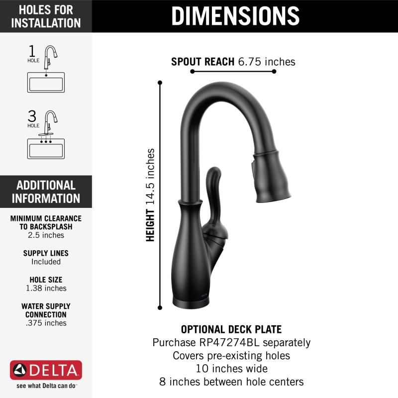 DELTA Leland Single Handle Pull-Down Bar / Prep Faucet With Touch2O Technology — Matte Black