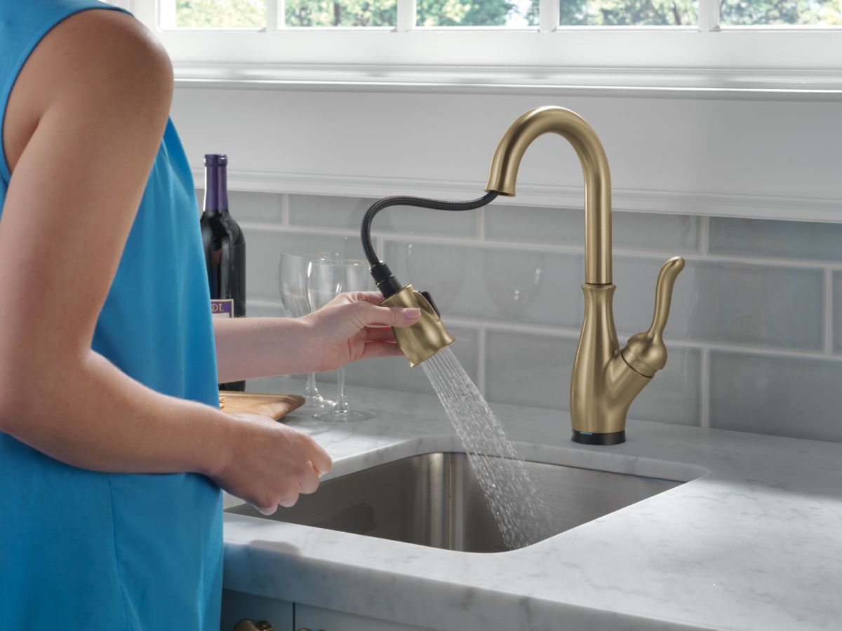 DELTA Leland Single Handle Pull-Down Bar/Prep Faucet with Touch2O Technology — Champagne Bronze