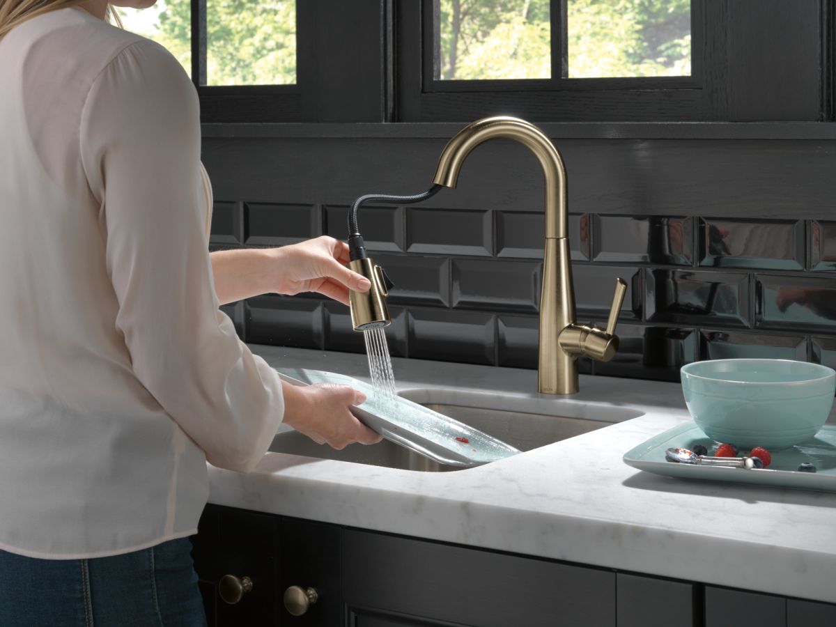 DELTA Essa Single Handle Pull-Down Bar / Prep Faucet — Champagne Bronze