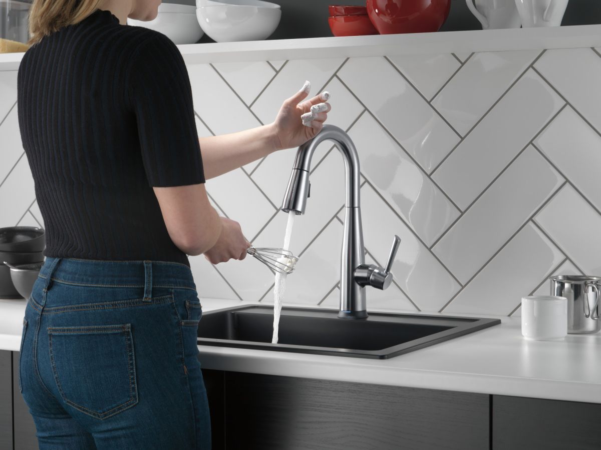 DELTA Essa Single Handle Pull-Down Bar / Prep Faucet with Touch2O Technology — Arctic Stainless