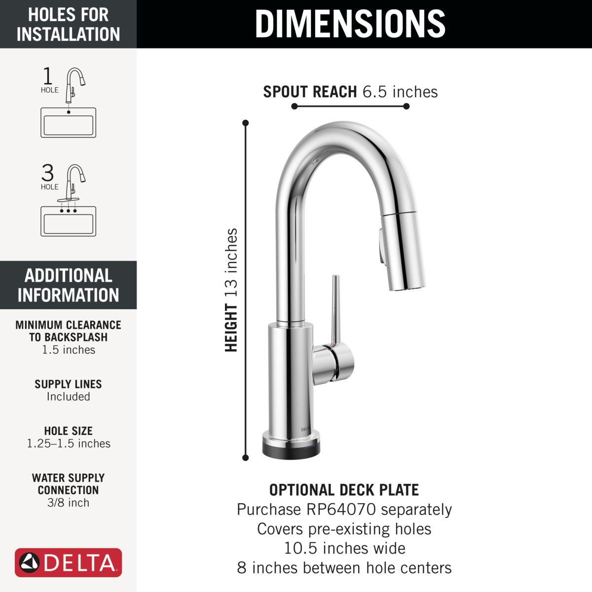 DELTA Trinsic Single Handle Pull-Down Bar / Prep Faucet with Touch2O Technology — Chrome