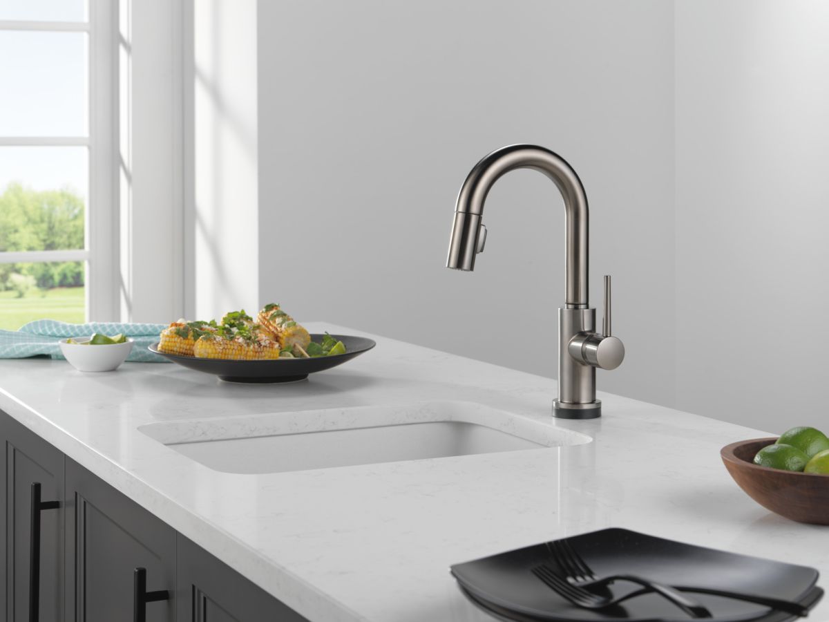 DELTA Trinsic Single Handle Pull-Down Bar/Prep Faucet with Touch — Black Stainless