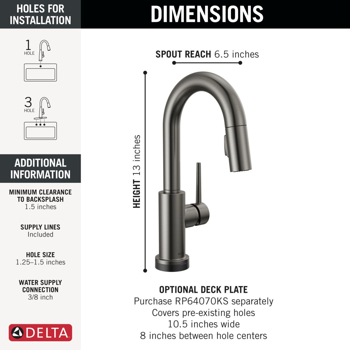 DELTA Trinsic Single Handle Pull-Down Bar/Prep Faucet with Touch — Black Stainless