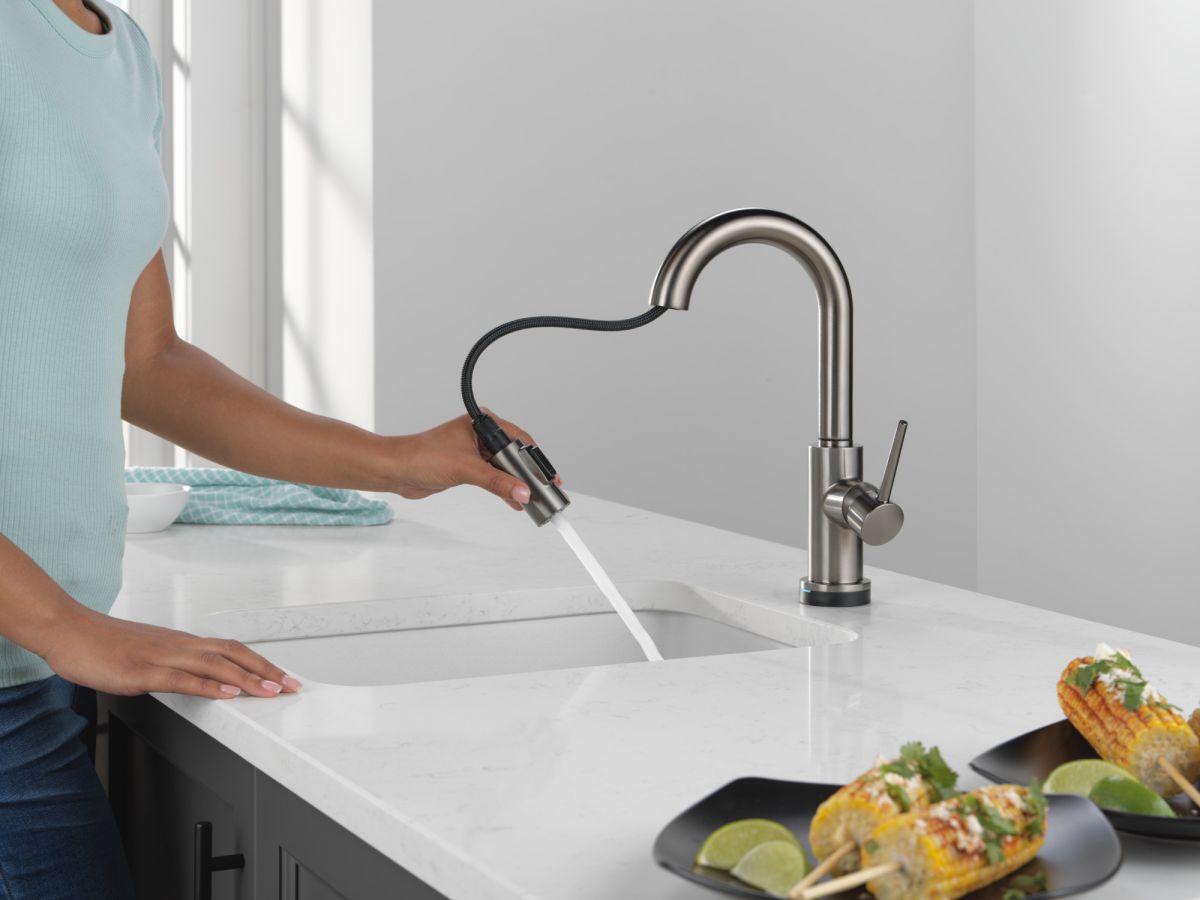 DELTA Trinsic Single Handle Pull-Down Bar/Prep Faucet with Touch — Black Stainless