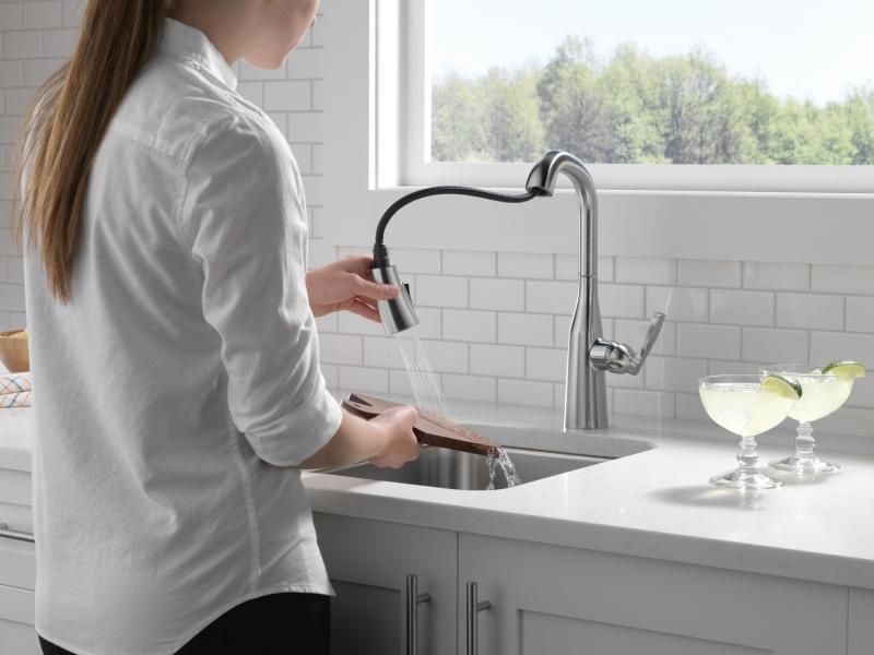 DELTA Stryke Single Handle Pull-Down Bar/Prep Faucet — Lumicoat® Arctic Stainless