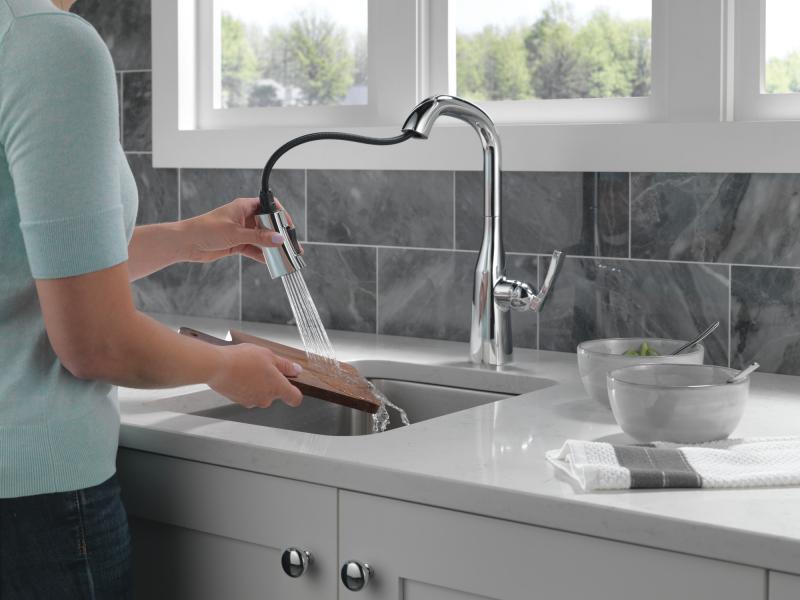 DELTA Stryke Single Handle Pull-Down Bar/Prep Faucet — Lumicoat® Chrome