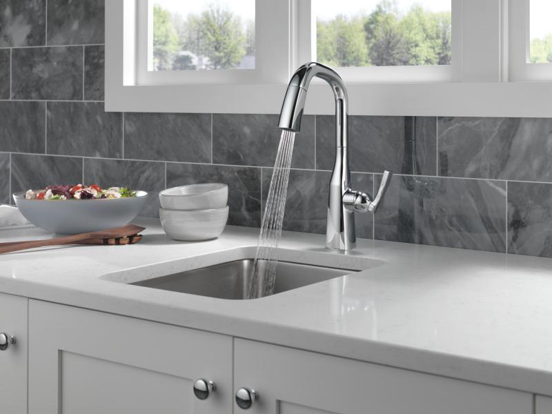 DELTA Stryke Single Handle Pull-Down Bar/Prep Faucet — Lumicoat® Chrome