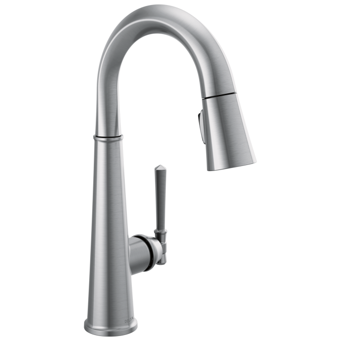 DELTA Emmeline Single Handle Pull-Down Bar/Prep Faucet — Lumicoat® Arctic Stainless