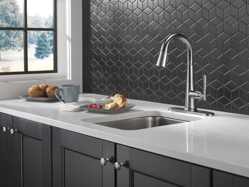 DELTA Emmeline Single Handle Pull-Down Bar/Prep Faucet — Lumicoat® Arctic Stainless