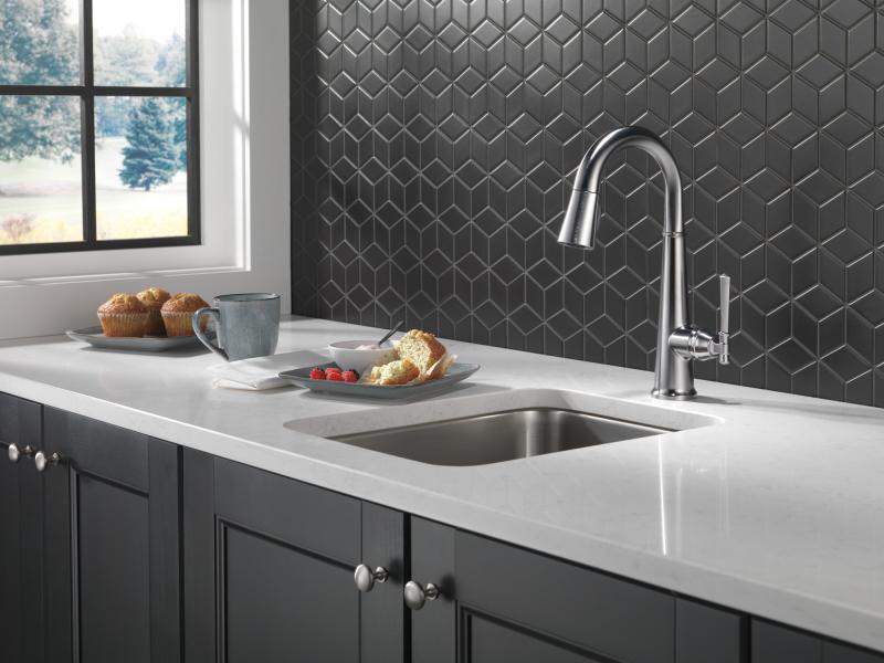 DELTA Emmeline Single Handle Pull-Down Bar/Prep Faucet — Lumicoat® Arctic Stainless