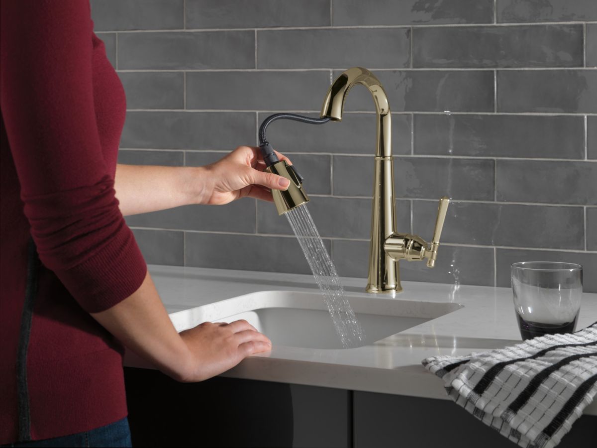 DELTA Emmeline Single Handle Pull-Down Bar / Prep Faucet — Lumicoat® Polished Nickel
