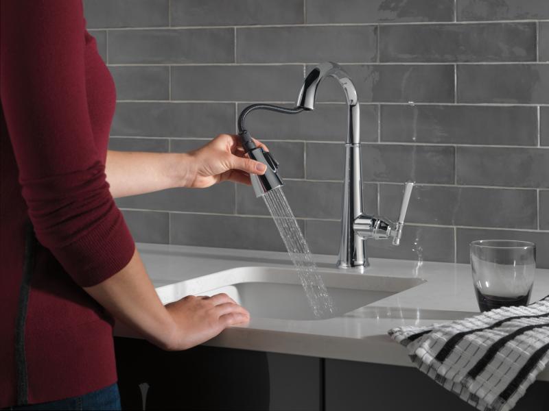 DELTA Emmeline Single Handle Pull-Down Bar/Prep Faucet — Lumicoat® Chrome