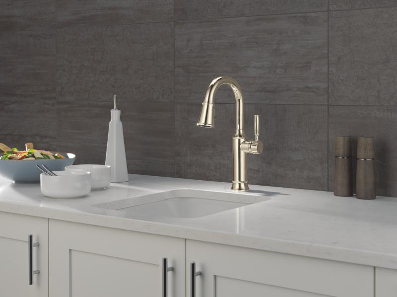 DELTA Renaldi Single Handle Pull-Down Bar / Prep Faucet — Lumicoat® Polished Nickel