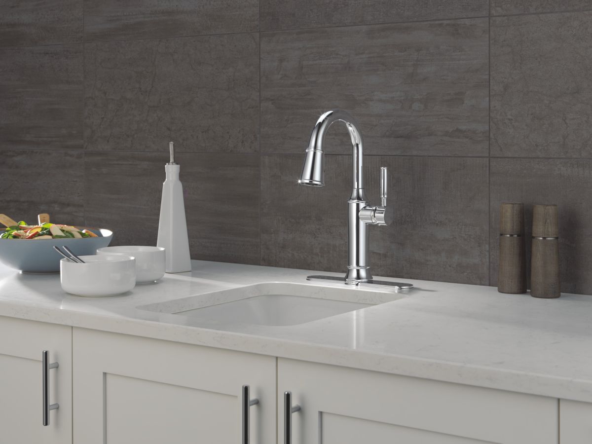DELTA Renaldi Single Handle Pull-Down Bar / Prep Faucet — Lumicoat® Chrome
