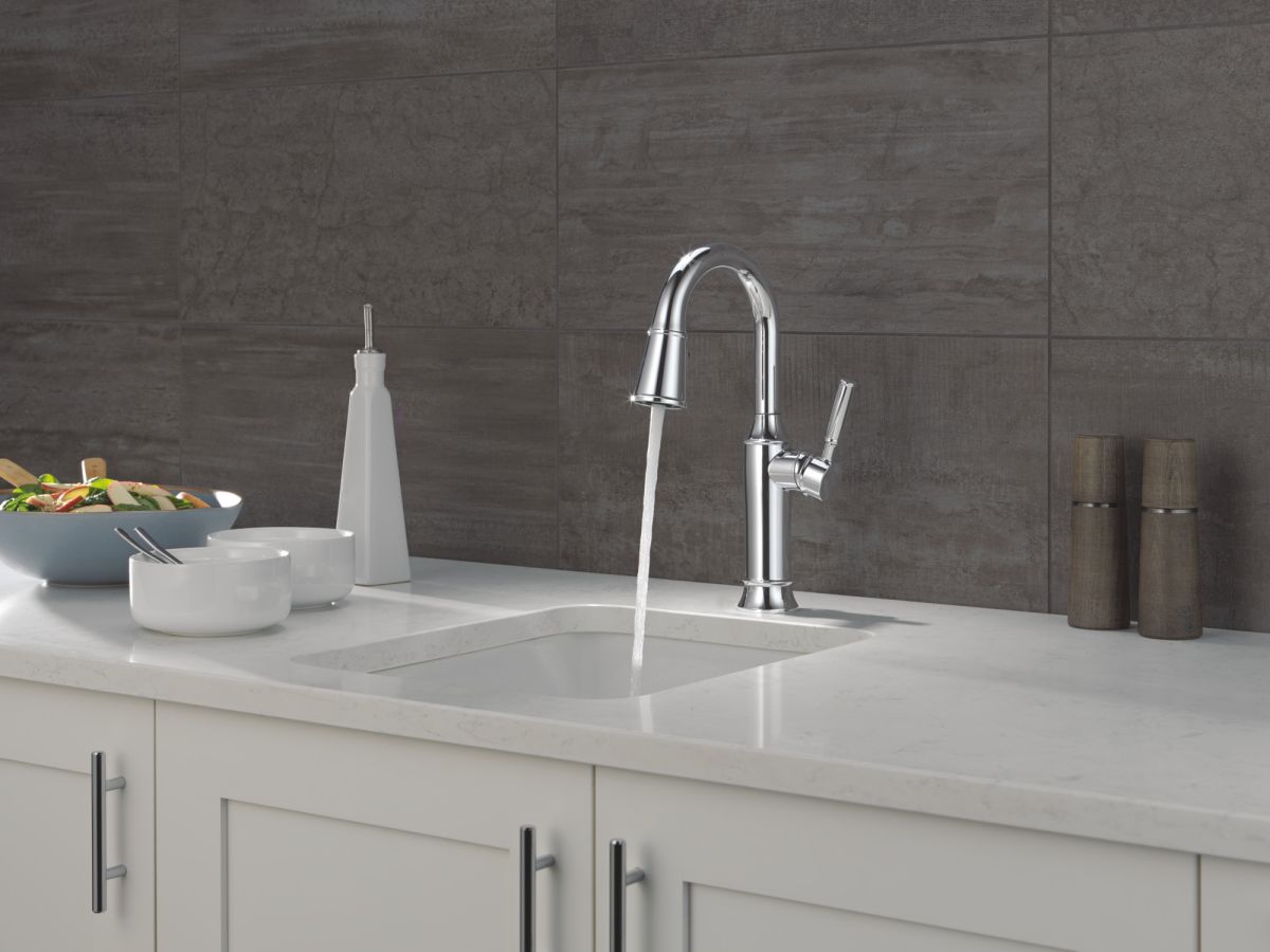 DELTA Renaldi Single Handle Pull-Down Bar / Prep Faucet — Lumicoat® Chrome