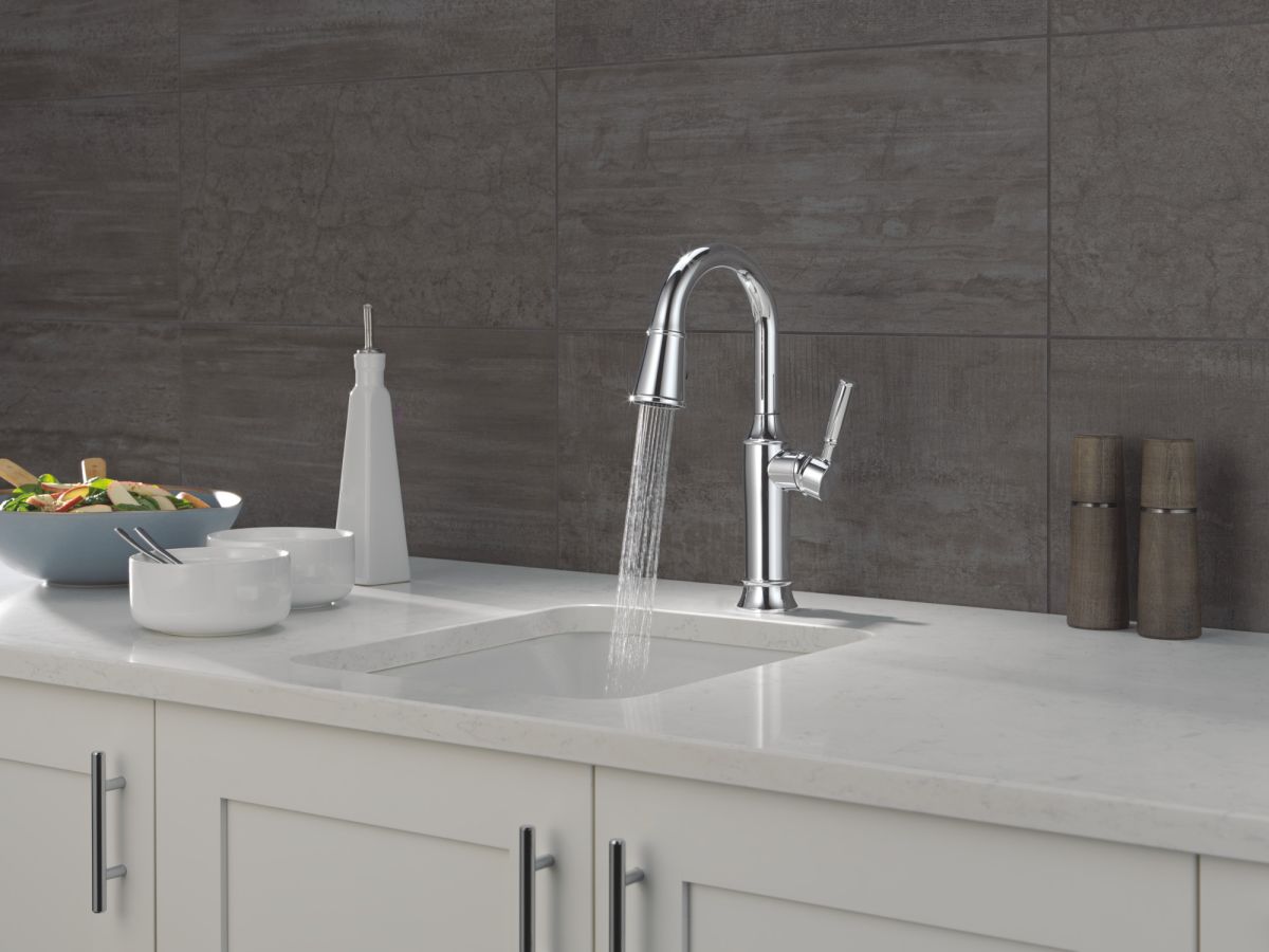 DELTA Renaldi Single Handle Pull-Down Bar / Prep Faucet — Lumicoat® Chrome