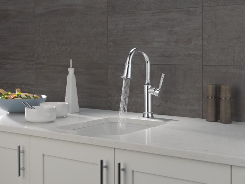 DELTA Renaldi Single Handle Pull-Down Bar / Prep Faucet — Lumicoat® Chrome