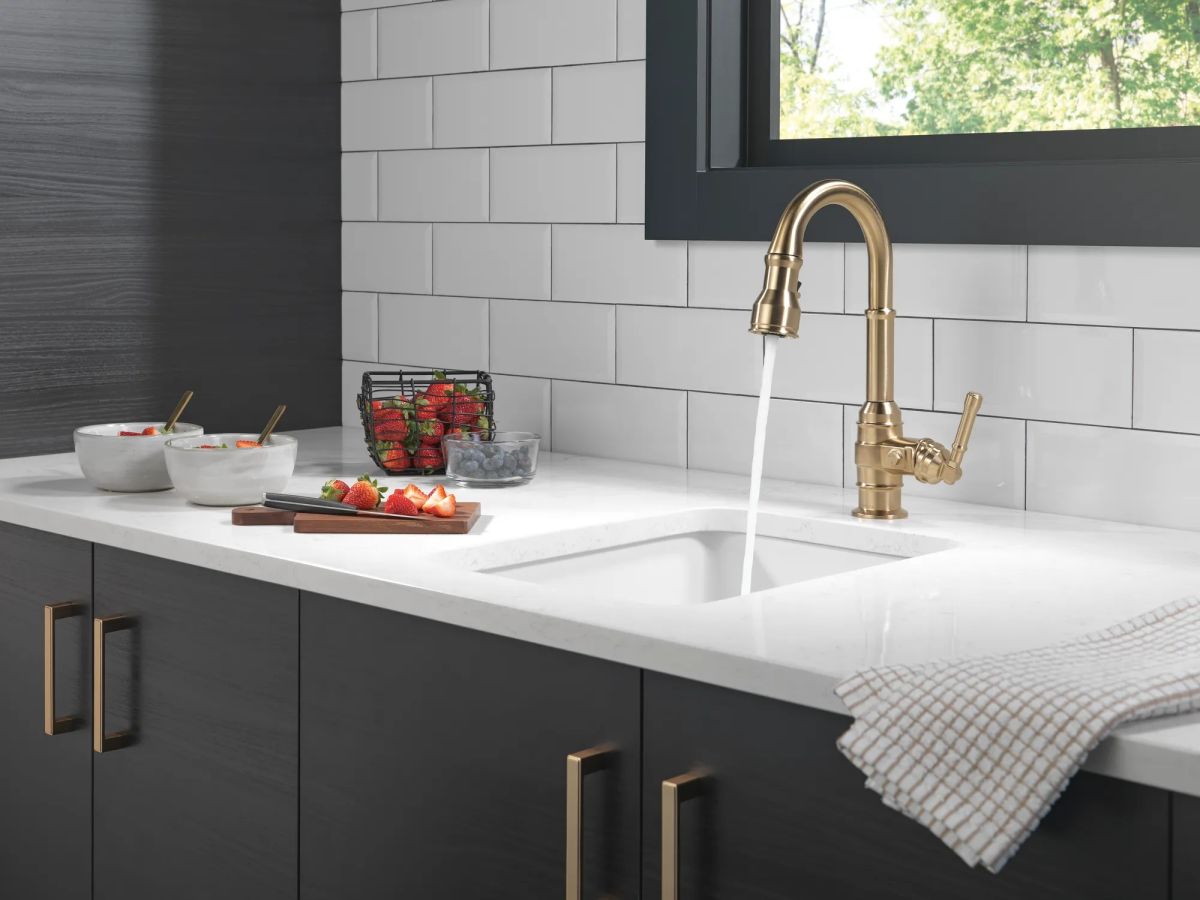 DELTA Broderick Single Handle Pull-Down Bar/Prep Faucet — Champagne Bronze