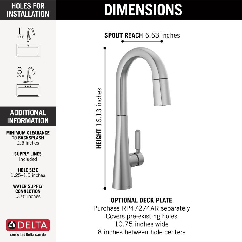 DELTA Monrovia Single Handle Pull-Down Bar/Prep Faucet — Lumicoat® Arctic Stainless