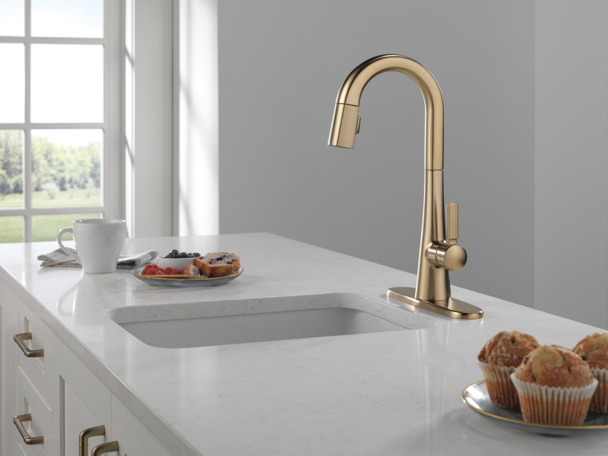 DELTA Monrovia Single Handle Pull-Down Bar/Prep Faucet — Lumicoat® Champagne Bronze