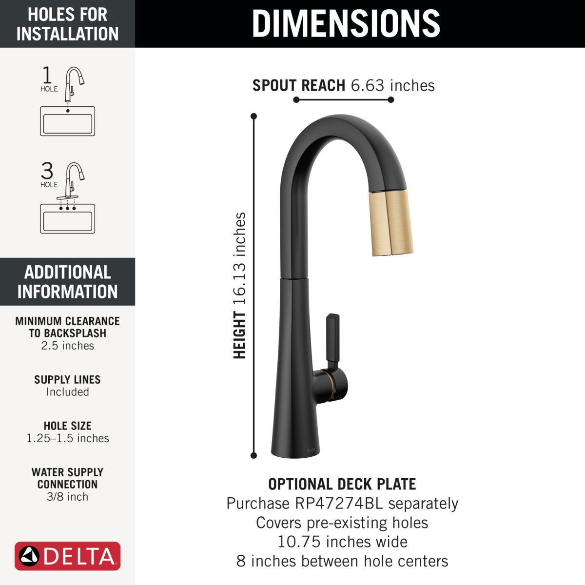 DELTA Monrovia Single Handle Pull-Down Bar / Prep Faucet — Matte Black / Champagne Bronze