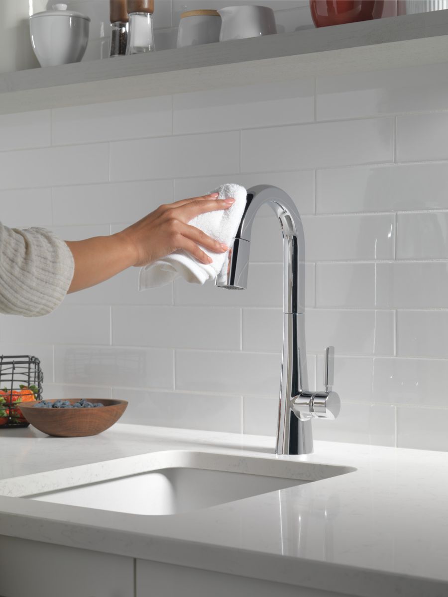 DELTA Monrovia Single Handle Pull-Down Bar/Prep Faucet — Lumicoat® Chrome