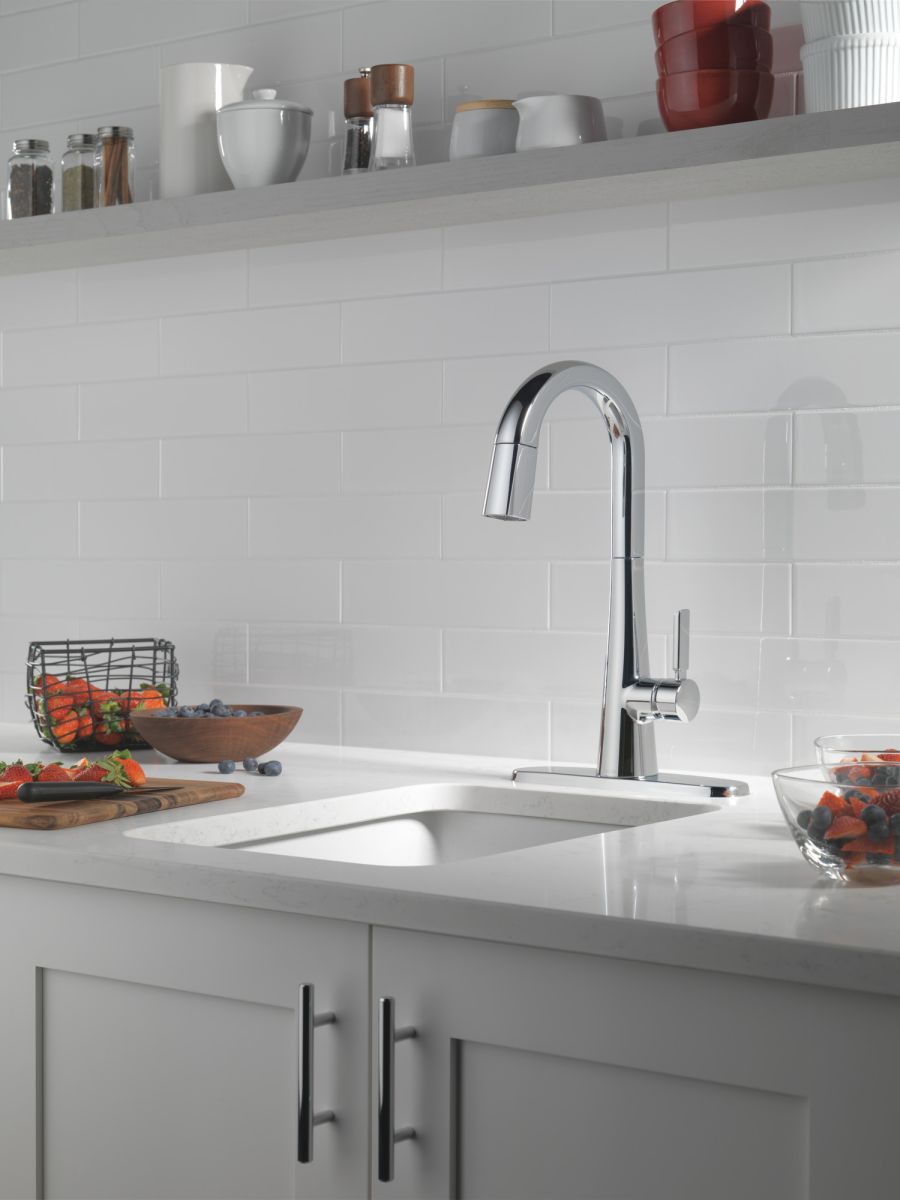 DELTA Monrovia Single Handle Pull-Down Bar/Prep Faucet — Lumicoat® Chrome