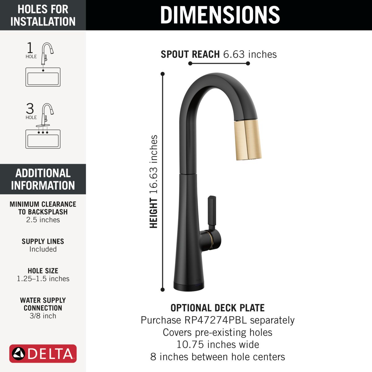 DELTA Monrovia Touch2O Bar / Prep Faucet with Touchless Technology — Matte Black / Champagne Bronze