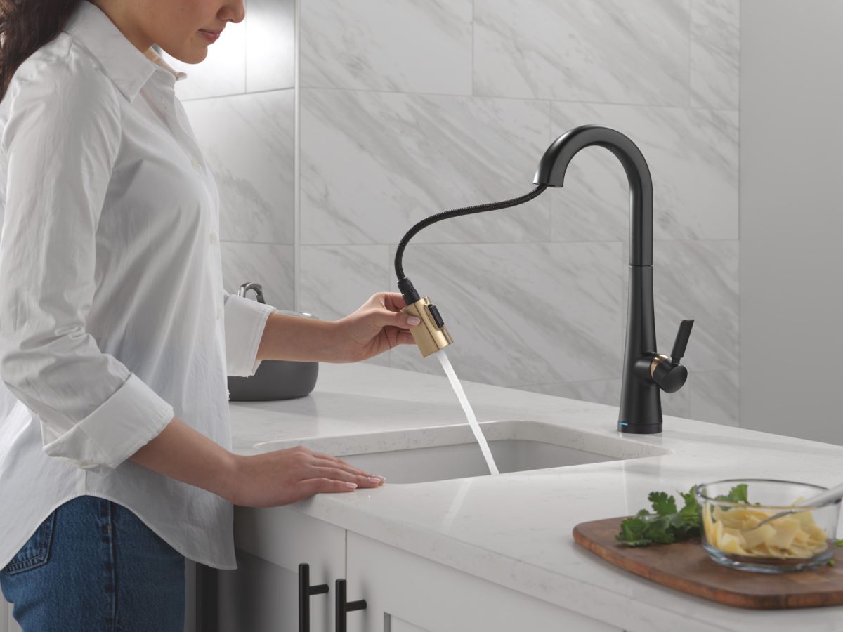 DELTA Monrovia Touch2O Bar / Prep Faucet with Touchless Technology — Matte Black / Champagne Bronze