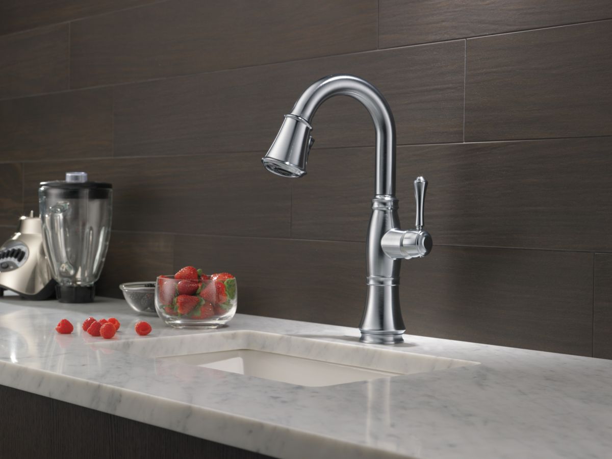DELTA Cassidy Single Handle Pull-Down Bar/Prep Faucet — Lumicoat® Arctic Stainless